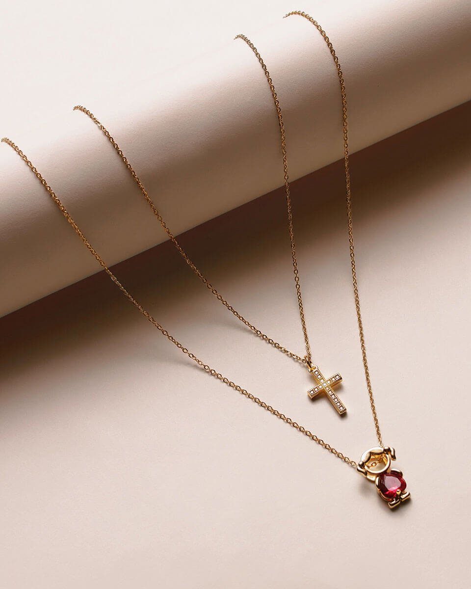 Elegant Layered Cross Ruby Doll Necklace